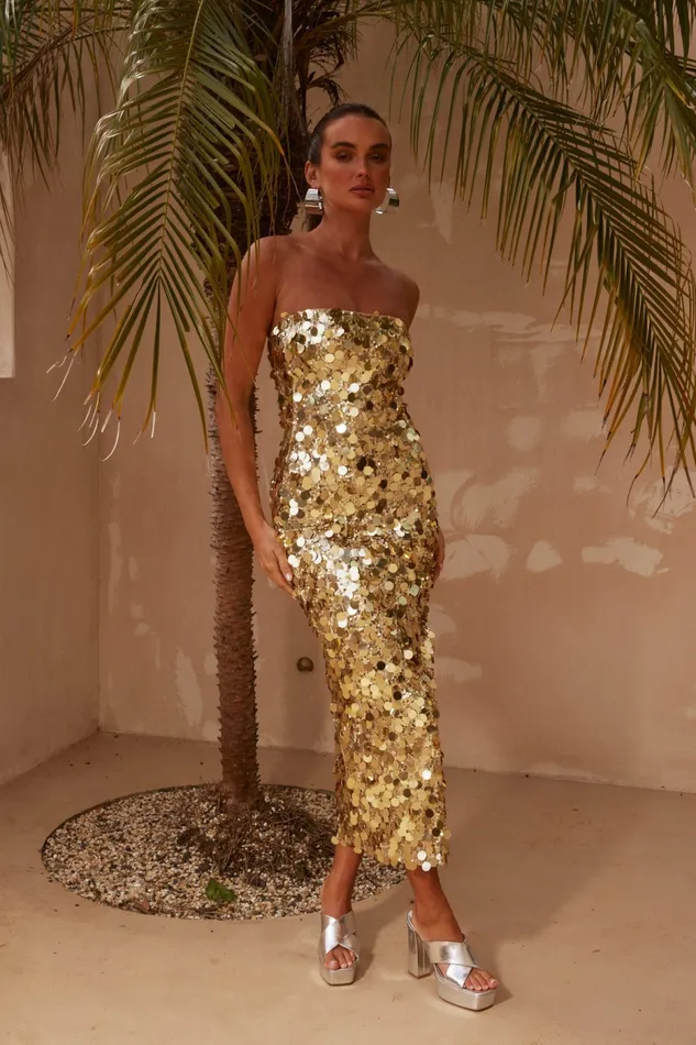 Event Dresses Petal and Pup Women Gabourne Strapless Midi Dress Gold Sequin