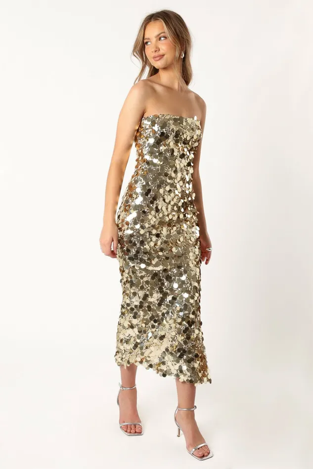 Event Dresses Petal and Pup Women Gabourne Strapless Midi Dress Gold Sequin