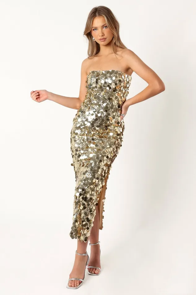 Event Dresses Petal and Pup Women Gabourne Strapless Midi Dress Gold Sequin