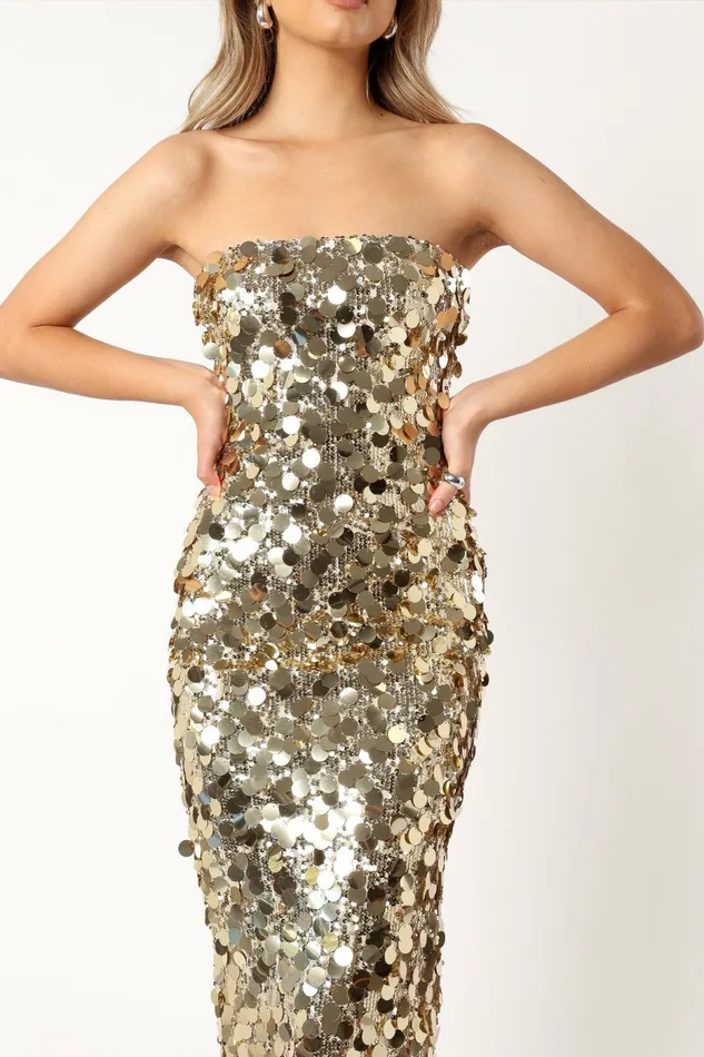 Event Dresses Petal and Pup Women Gabourne Strapless Midi Dress Gold Sequin
