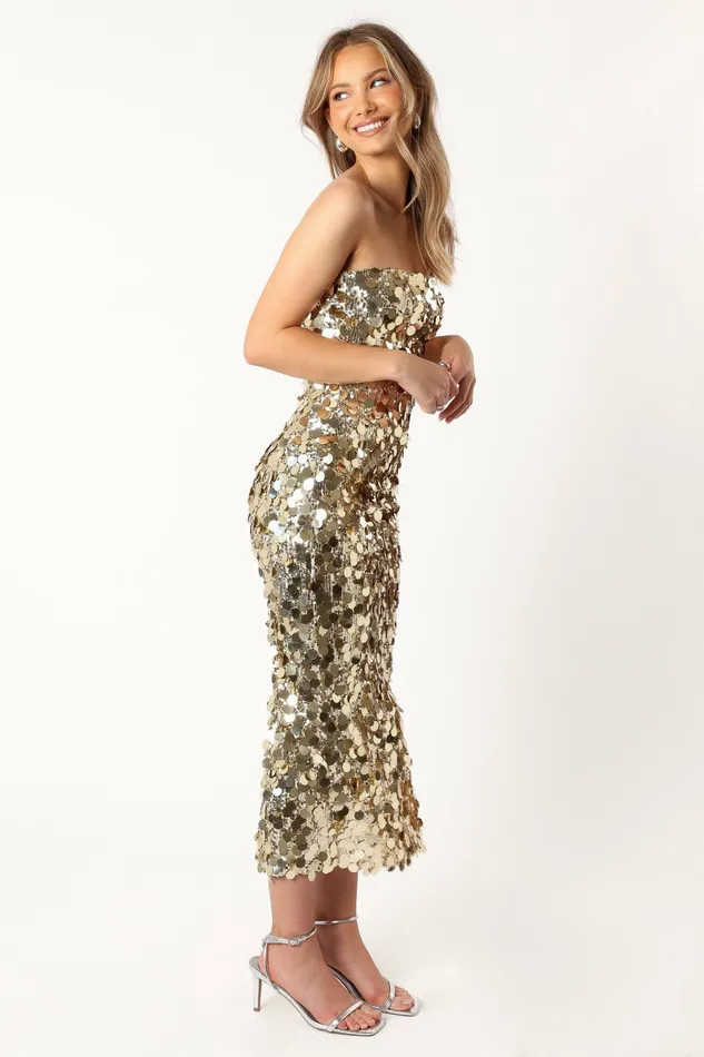 Event Dresses Petal and Pup Women Gabourne Strapless Midi Dress Gold Sequin