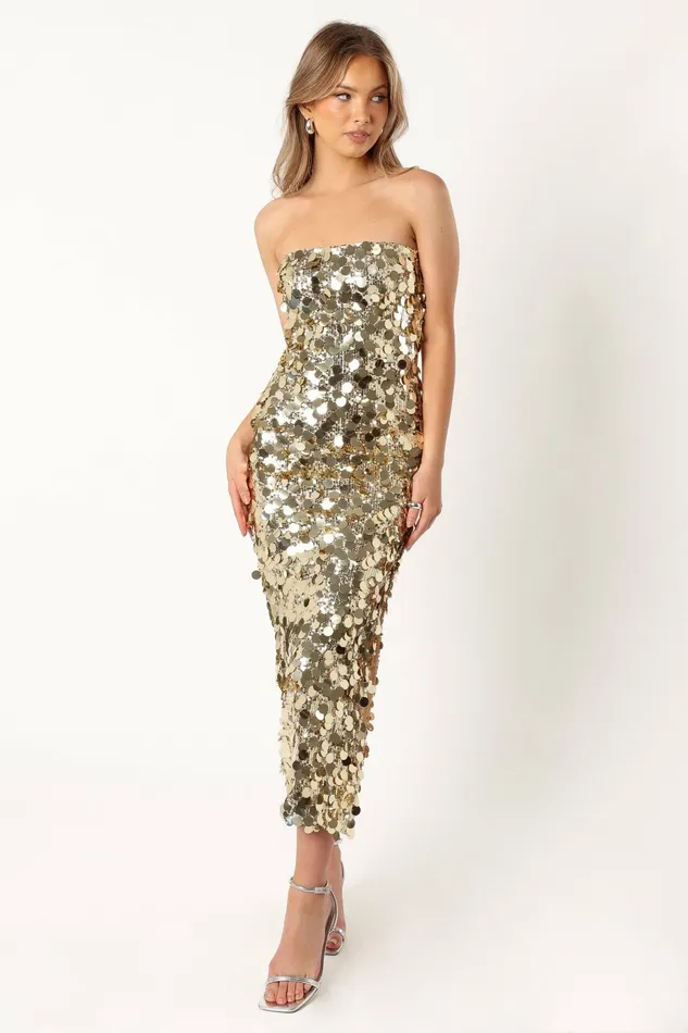 Event Dresses Petal and Pup Women Gabourne Strapless Midi Dress Gold Sequin