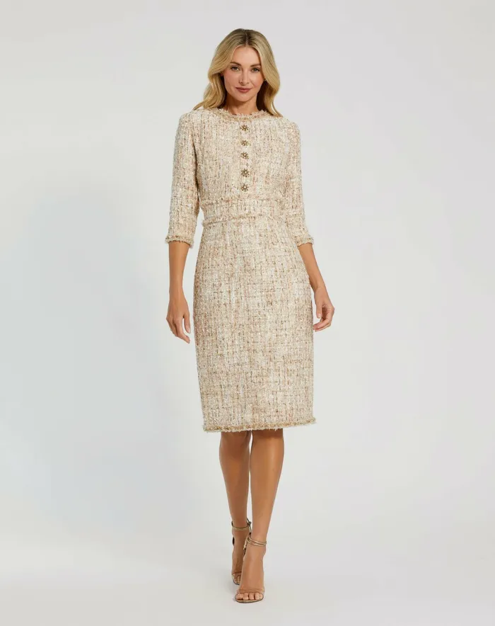 Every Day Dresses Mac Duggal Women 34 Sleeve Beaded Trim Patch Pocket Tweed Midi Dress Blush Every Day Dresses Mac Duggal Women 34 Sleeve Beaded Trim Patch Pocket Tweed Midi Dress Blush