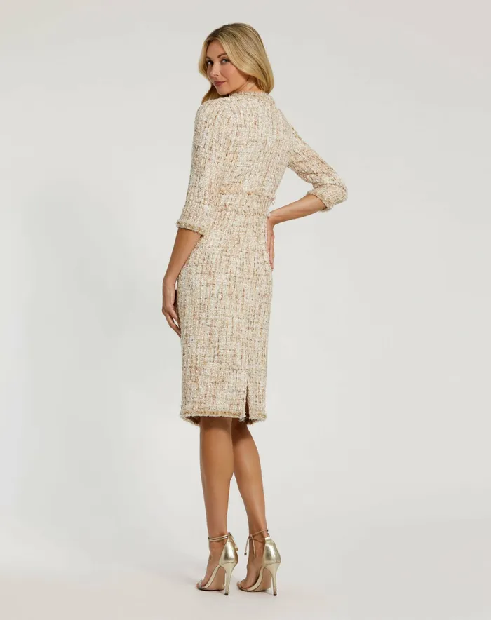 Every Day Dresses Mac Duggal Women 34 Sleeve Beaded Trim Patch Pocket Tweed Midi Dress Blush