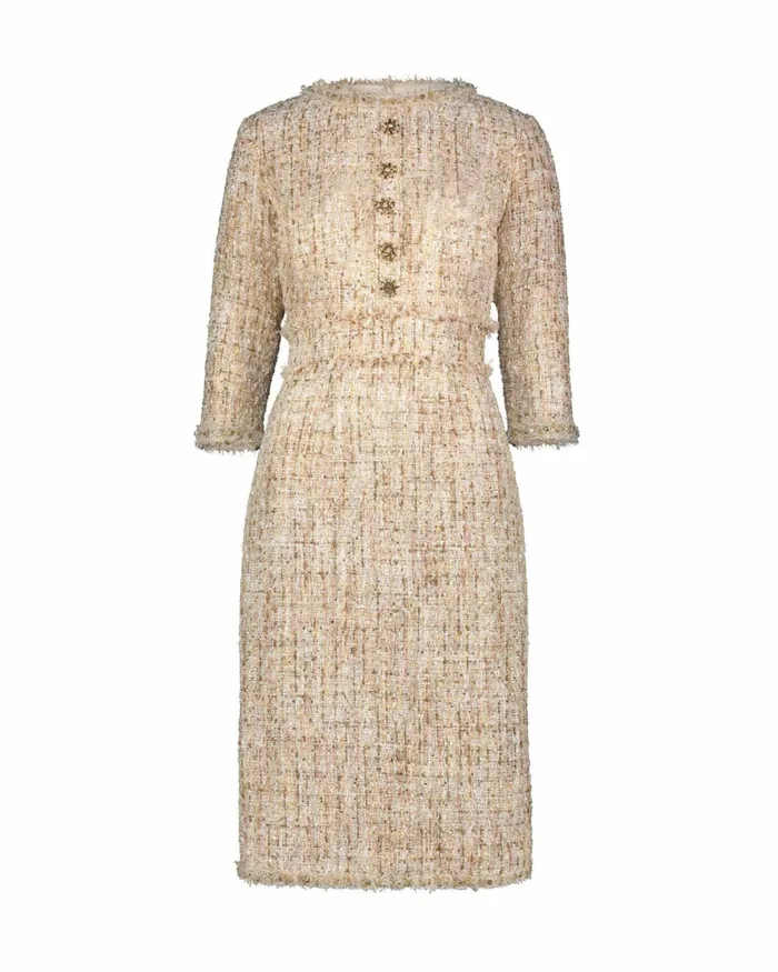 Every Day Dresses Mac Duggal Women 34 Sleeve Beaded Trim Patch Pocket Tweed Midi Dress Blush
