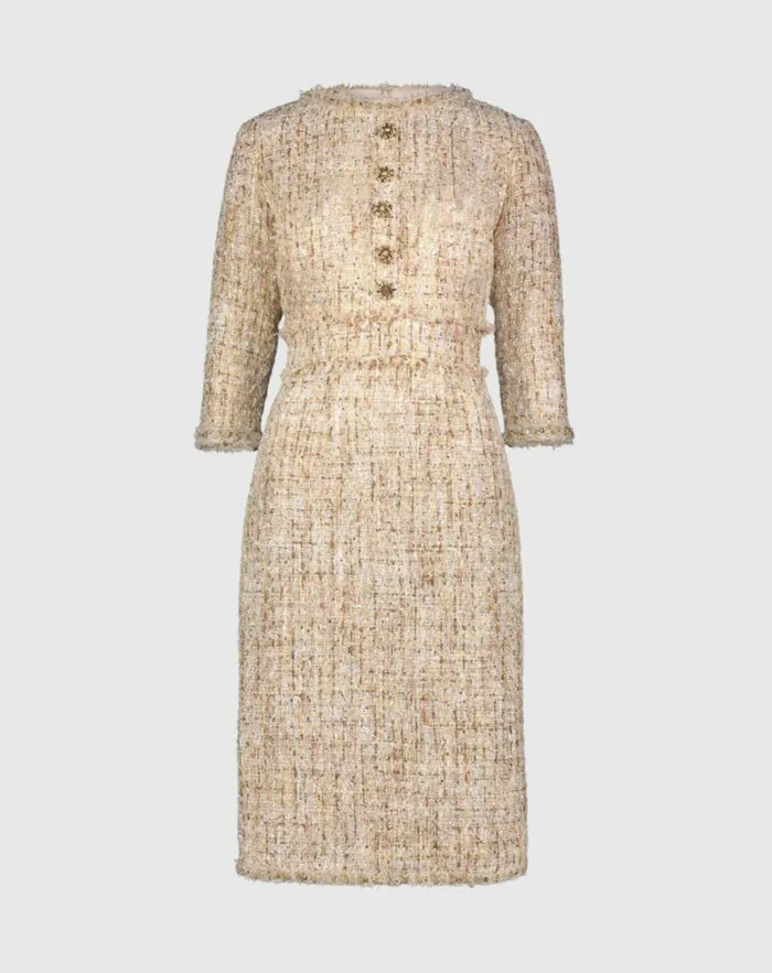 Every Day Dresses Mac Duggal Women 34 Sleeve Beaded Trim Patch Pocket Tweed Midi Dress Blush