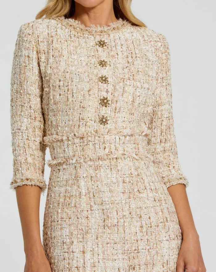 Every Day Dresses Mac Duggal Women 34 Sleeve Beaded Trim Patch Pocket Tweed Midi Dress Blush