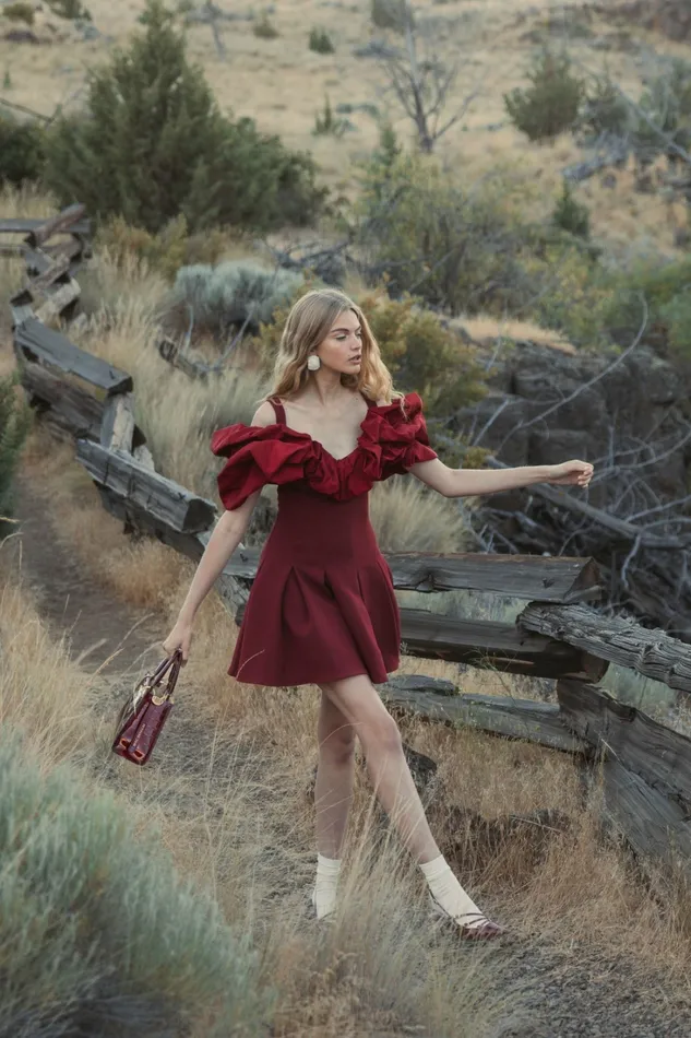 Every Day Dresses Mac Duggal Women Crepe Godet Hem Mini Dress With Faille Ruffle Oxblood