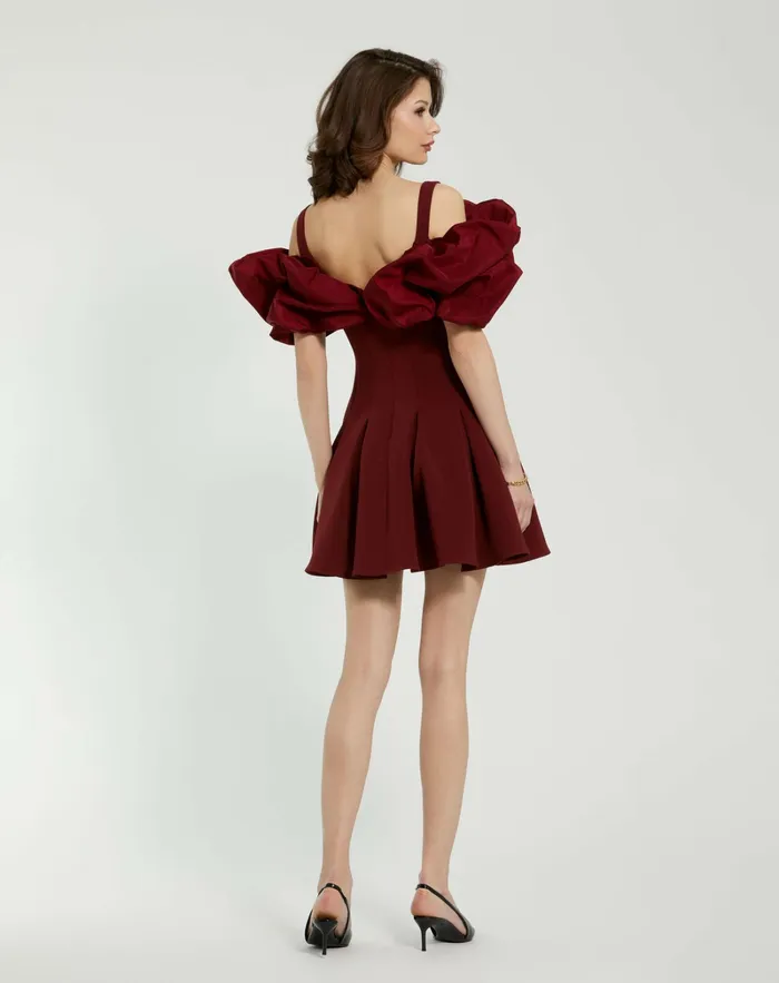 Every Day Dresses Mac Duggal Women Crepe Godet Hem Mini Dress With Faille Ruffle Oxblood