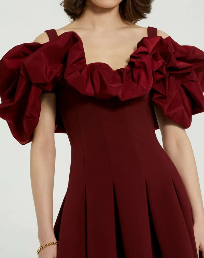 Every Day Dresses Mac Duggal Women Crepe Godet Hem Mini Dress With Faille Ruffle Oxblood