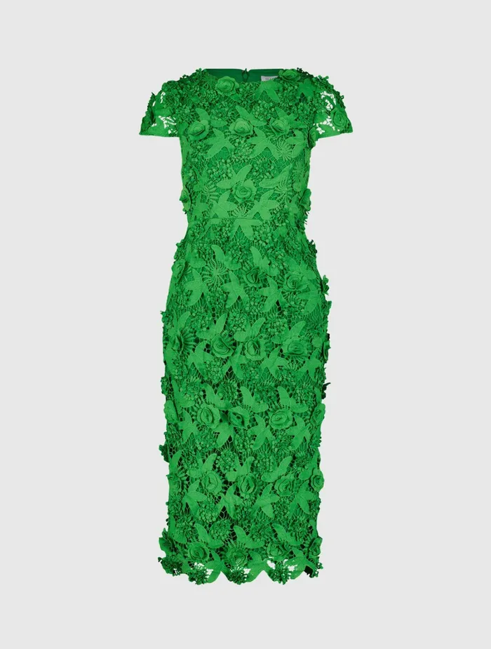 Every Day Dresses Mac Duggal Women Floral Lace Fitted Short Sleeve Midi Dress Spring Green