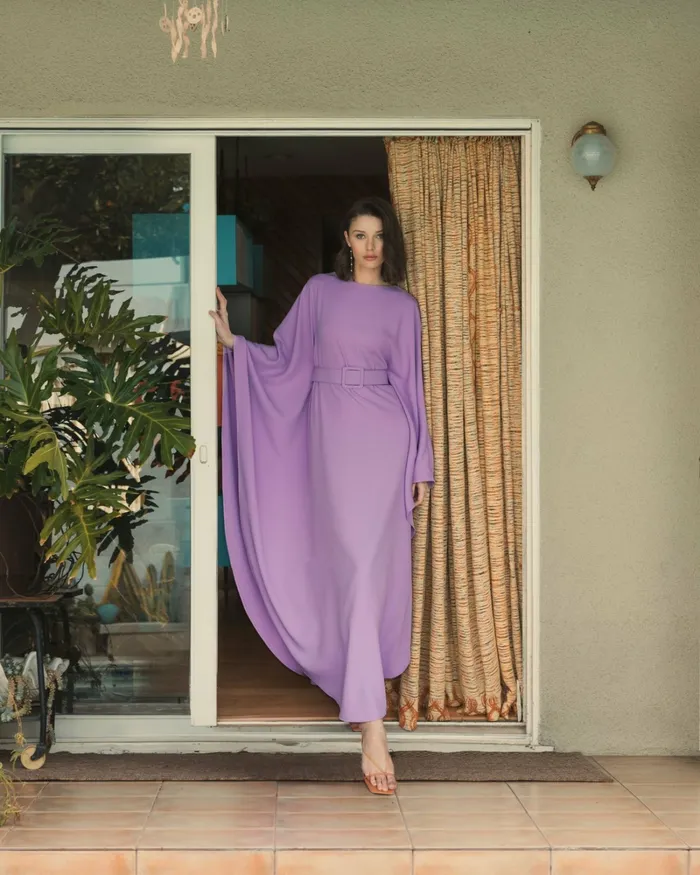 Every Day Dresses Women Crepe Boat Neck Caftan Dress With Belt Orchid Mac Duggal