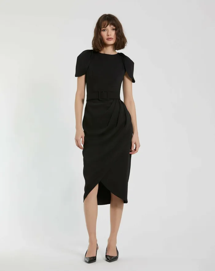 Every Day Dresses Women Mac Duggal Crepe Boat Neck Midi Tulip Dress With Belt Black Every Day Dresses Women Mac Duggal Crepe Boat Neck Midi Tulip Dress With Belt Black