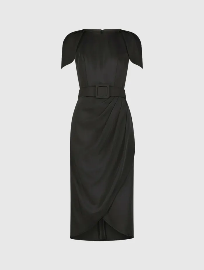 Every Day Dresses Women Mac Duggal Crepe Boat Neck Midi Tulip Dress With Belt Black