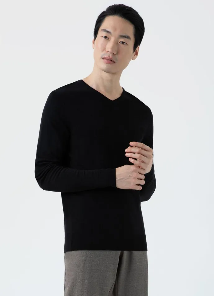 ExtraFine Merino V Neck Black Men SUNSPEL Knitwear