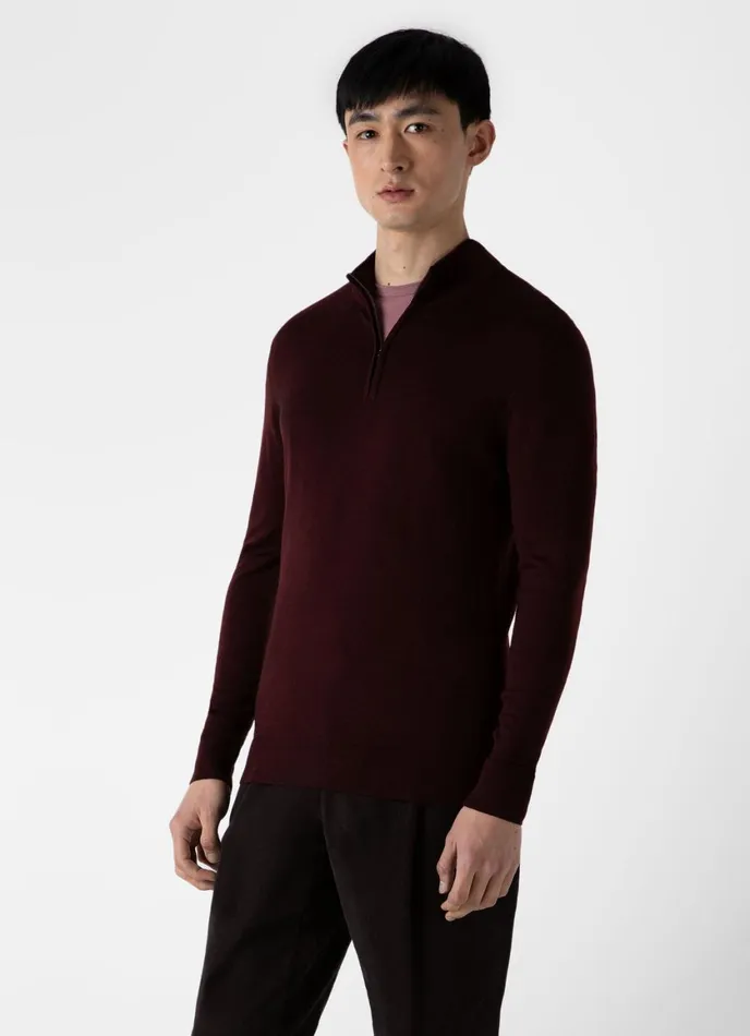 ExtraFine Merino Zip Neck Maroon Men SUNSPEL Knitwear