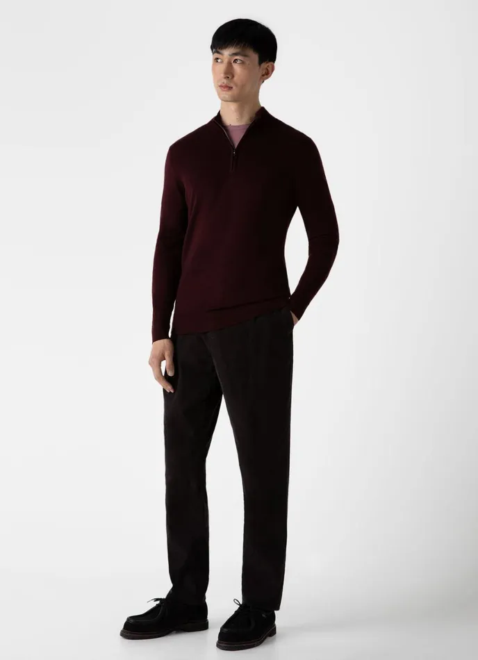 ExtraFine Merino Zip Neck Maroon Men SUNSPEL Knitwear