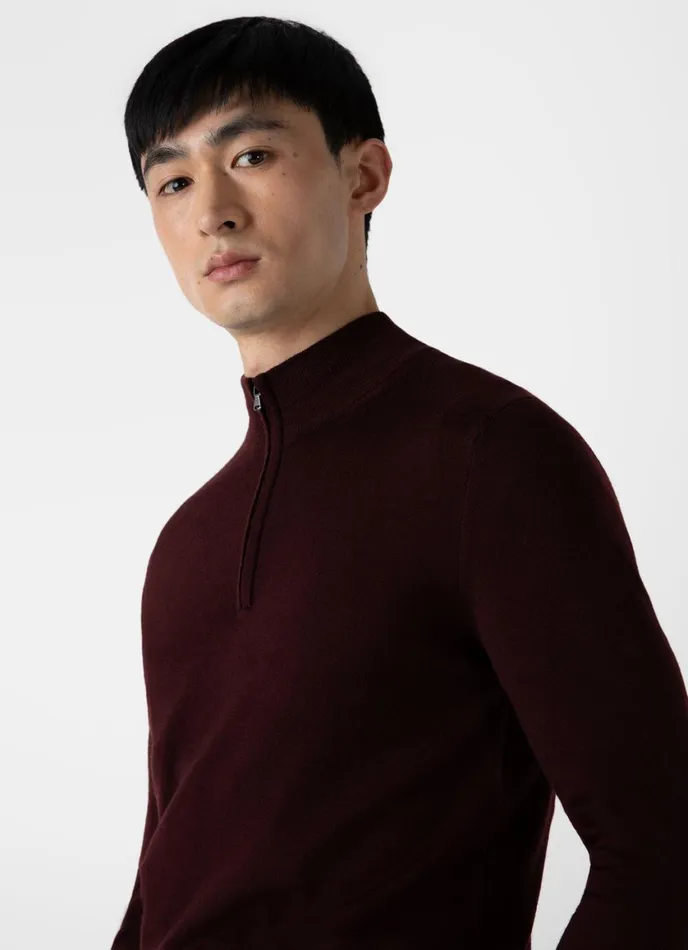 ExtraFine Merino Zip Neck Maroon Men SUNSPEL Knitwear