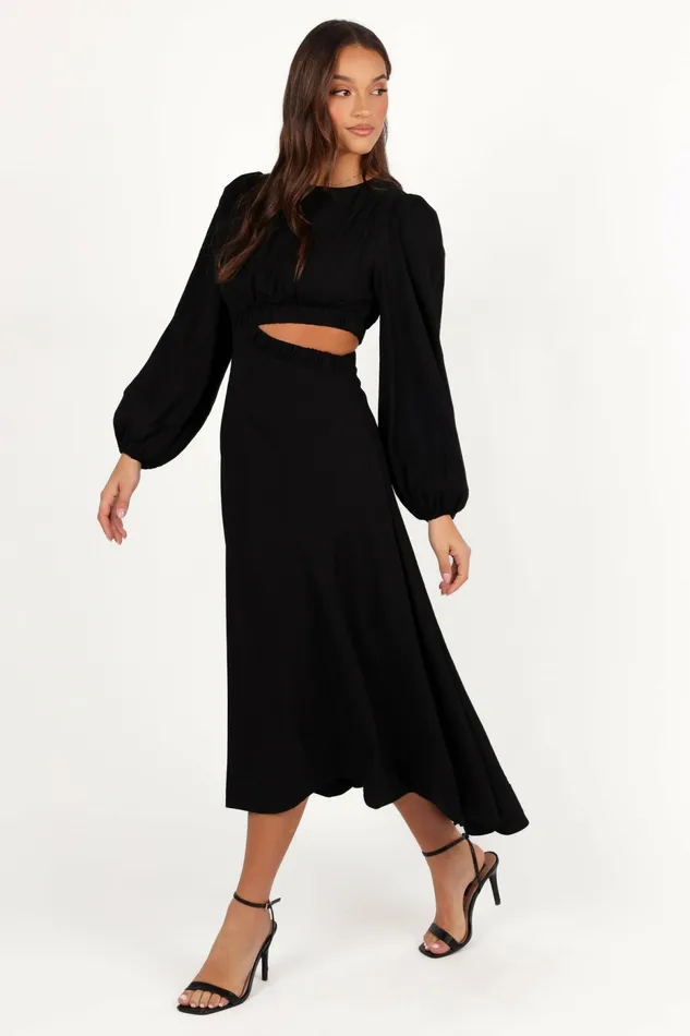 Fall Dresses Ginnee Puff Sleeve Cutout Midi Dress Black 8211 Petal and Pup Women