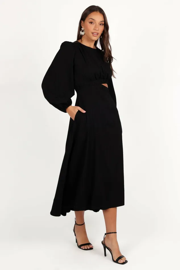 Fall Dresses Ginnee Puff Sleeve Cutout Midi Dress Black 8211 Petal and Pup Women