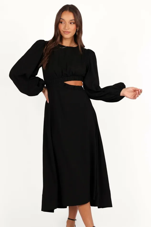 Fall Dresses Ginnee Puff Sleeve Cutout Midi Dress Black 8211 Petal and Pup Women