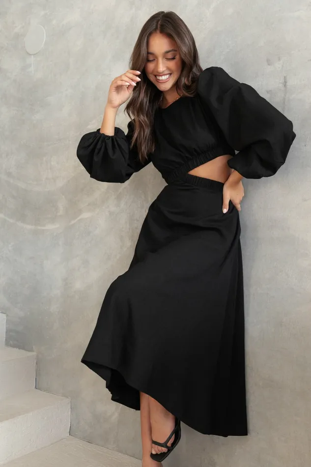Fall Dresses Ginnee Puff Sleeve Cutout Midi Dress Black 8211 Petal and Pup Women