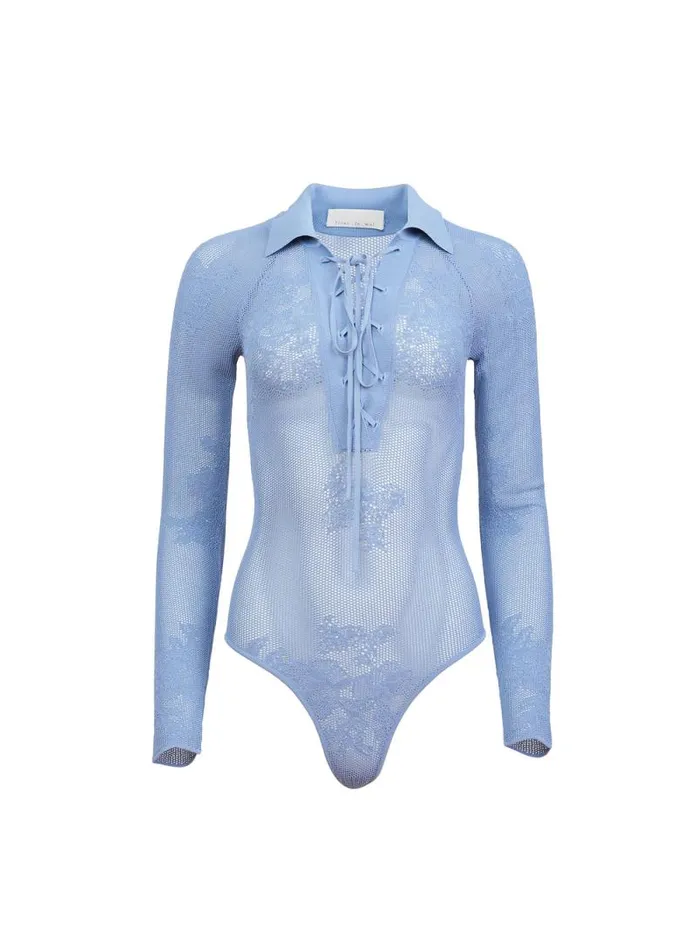 Fleur Du Mal Bodysuits Lace Pointelle Collared Bodysuit Slate Blue 8211 Women Fleur Du Mal Bodysuits Lace Pointelle Collared Bodysuit Slate Blue 8211 Women