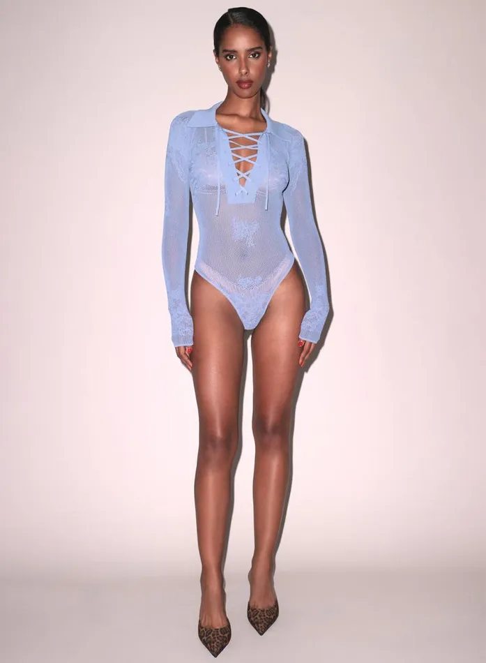 Fleur Du Mal Bodysuits Lace Pointelle Collared Bodysuit Slate Blue 8211 Women Fleur Du Mal Bodysuits Lace Pointelle Collared Bodysuit Slate Blue 8211 Women