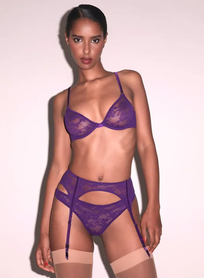 Fleur Du Mal Garters and Belts Le Stretch Lace Garter Belt Deep Purple 8211 Women