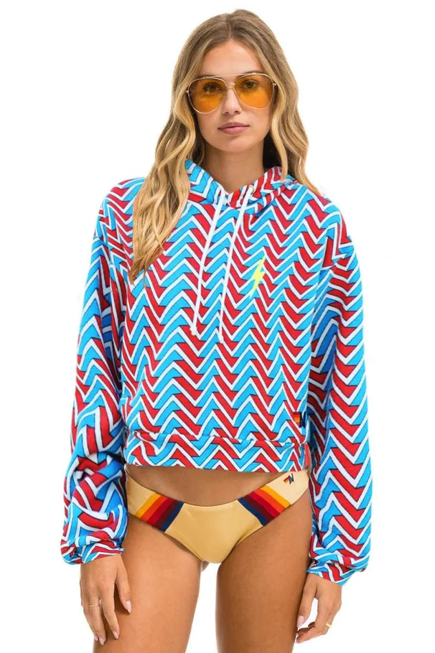Geo Zig Bolt Embriodery Relaxed Cropped Pullover Hoodie 8211 Red Blue Women Aviator Nation Hoodies Geo Zig Bolt Embriodery Relaxed Cropped Pullover Hoodie 8211 Red Blue Women Aviator Nation Hoodies