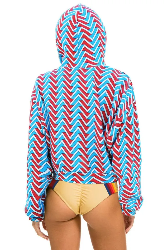 Geo Zig Bolt Embriodery Relaxed Cropped Pullover Hoodie 8211 Red Blue Women Aviator Nation Hoodies