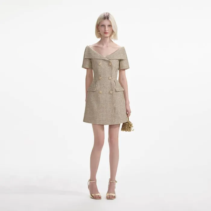 Gold Boucle Open Neck Mini Dress Women Self Portrait Dresses