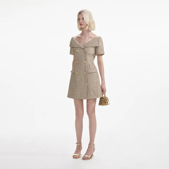Gold Boucle Open Neck Mini Dress Women Self Portrait Dresses Gold Boucle Open Neck Mini Dress Women Self Portrait Dresses