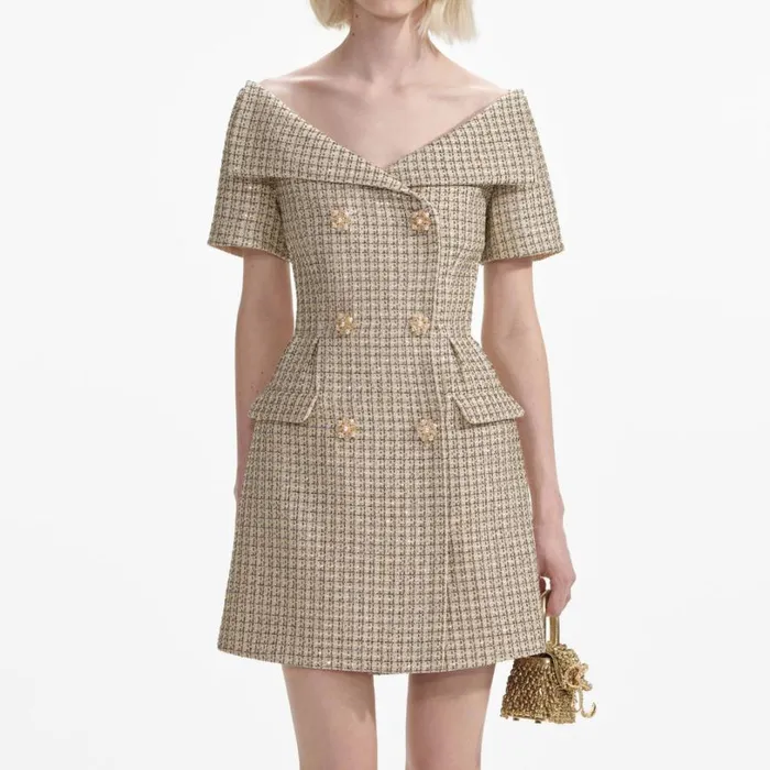 Gold Boucle Open Neck Mini Dress Women Self Portrait Dresses Gold Boucle Open Neck Mini Dress Women Self Portrait Dresses