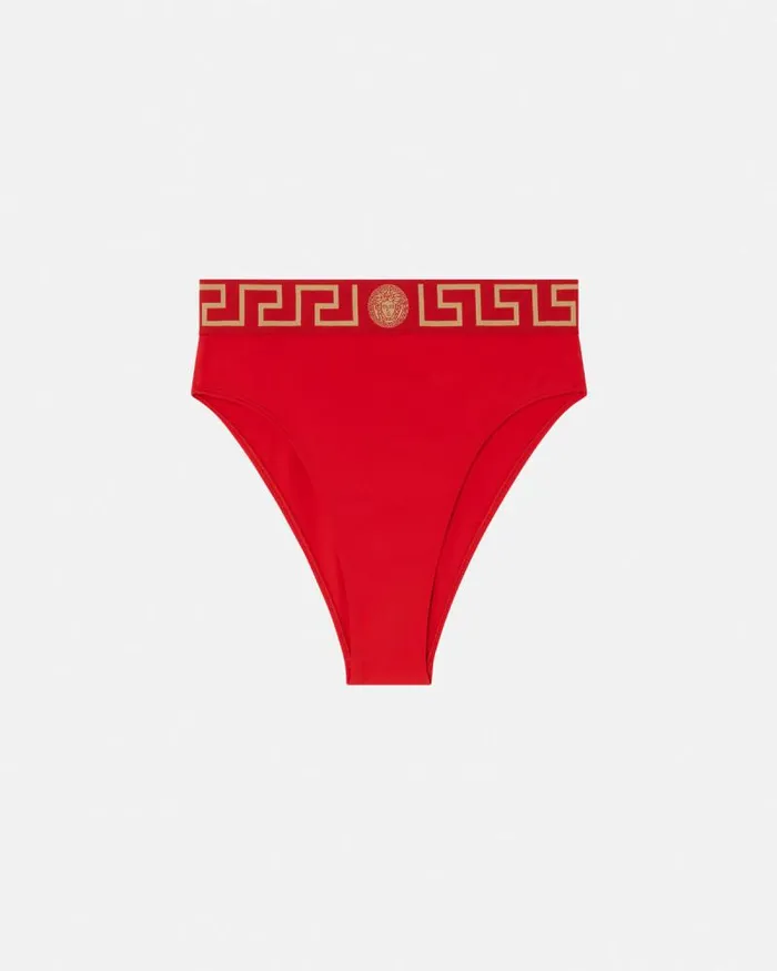 Greca Border High Waist Bikini Bottoms Red Women Versace Swimwear