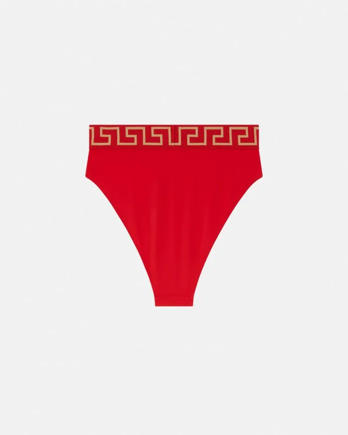 Greca Border High Waist Bikini Bottoms Red Women Versace Swimwear