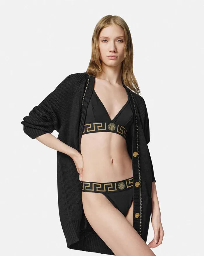 Greca Border Thong Black Women Versace Bras and Briefs