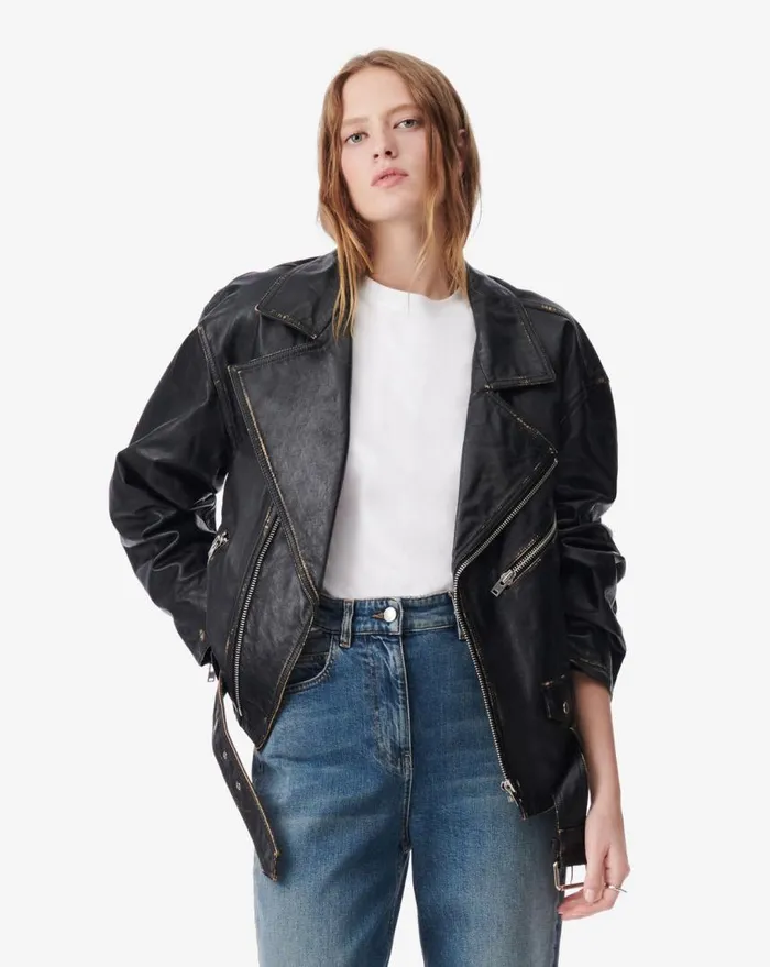 IRO DYLAN OVERSIZED LEATHER JACKET Blackbeige Women Jackets and Coats