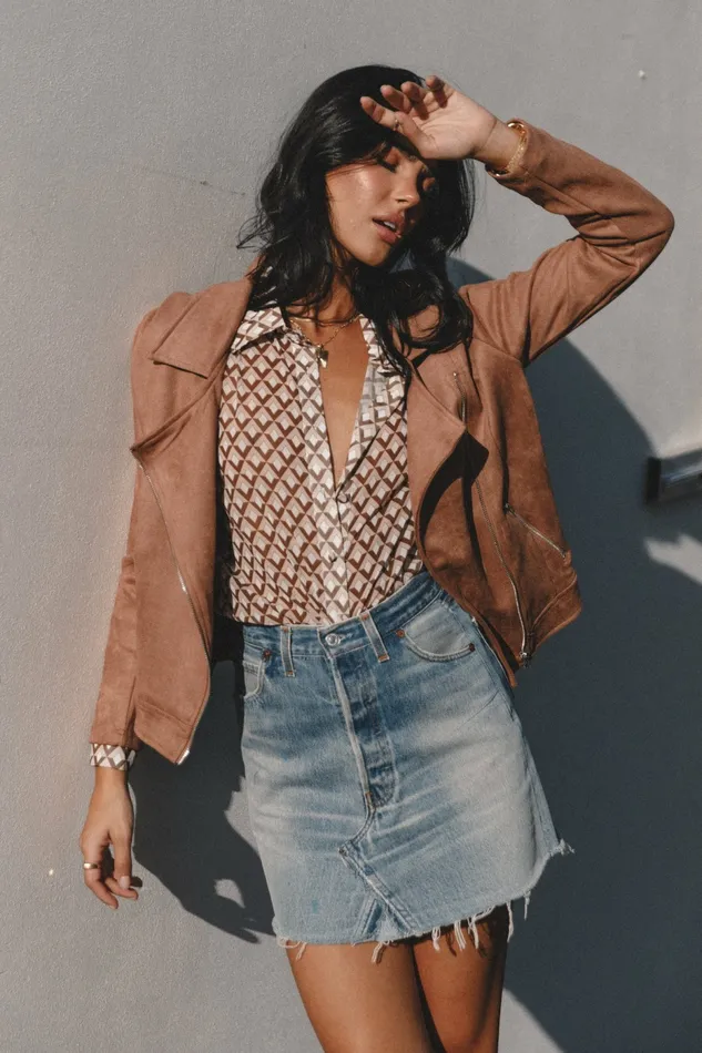 Jackets and Coats Petal and Pup Women Spencer Faux Suede Moto Jacket Tan