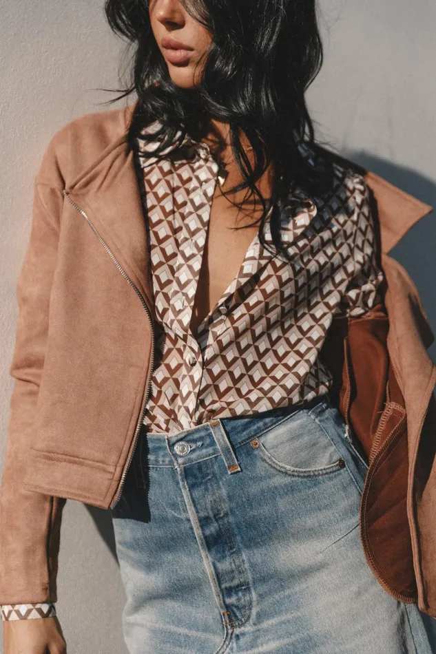 Jackets and Coats Petal and Pup Women Spencer Faux Suede Moto Jacket Tan