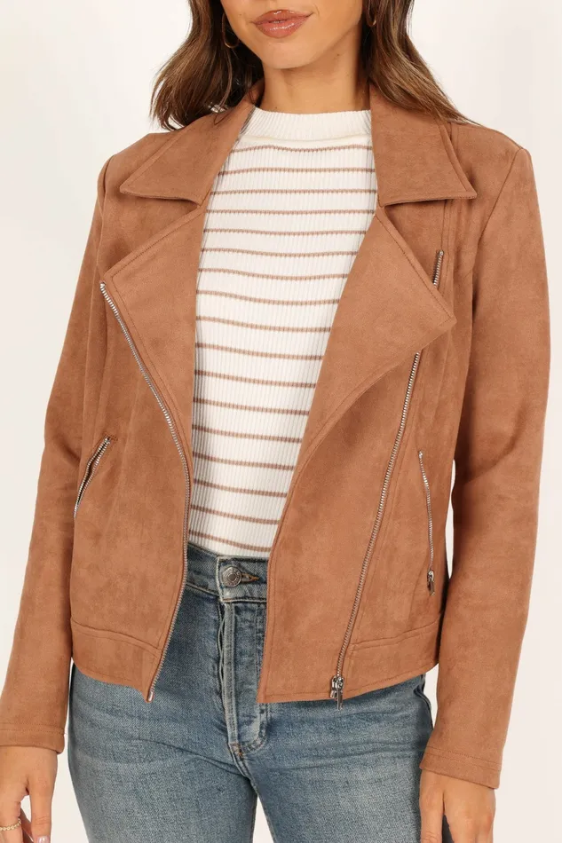Jackets and Coats Petal and Pup Women Spencer Faux Suede Moto Jacket Tan