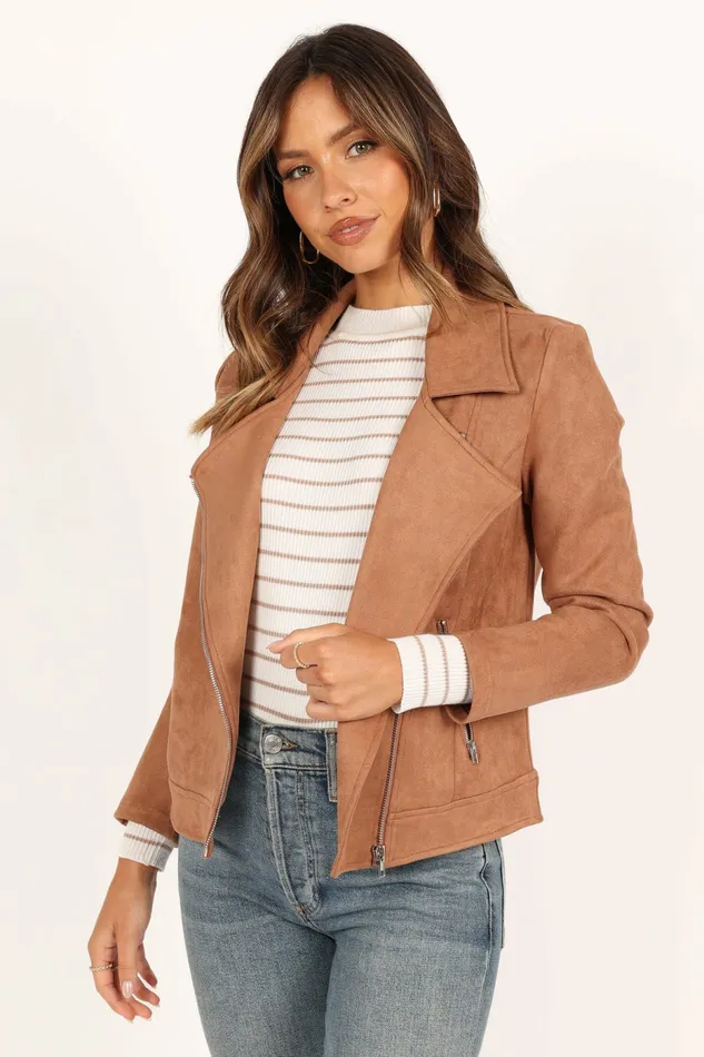 Jackets and Coats Petal and Pup Women Spencer Faux Suede Moto Jacket Tan