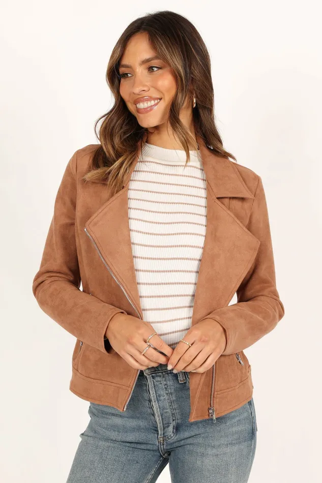 Jackets and Coats Petal and Pup Women Spencer Faux Suede Moto Jacket Tan