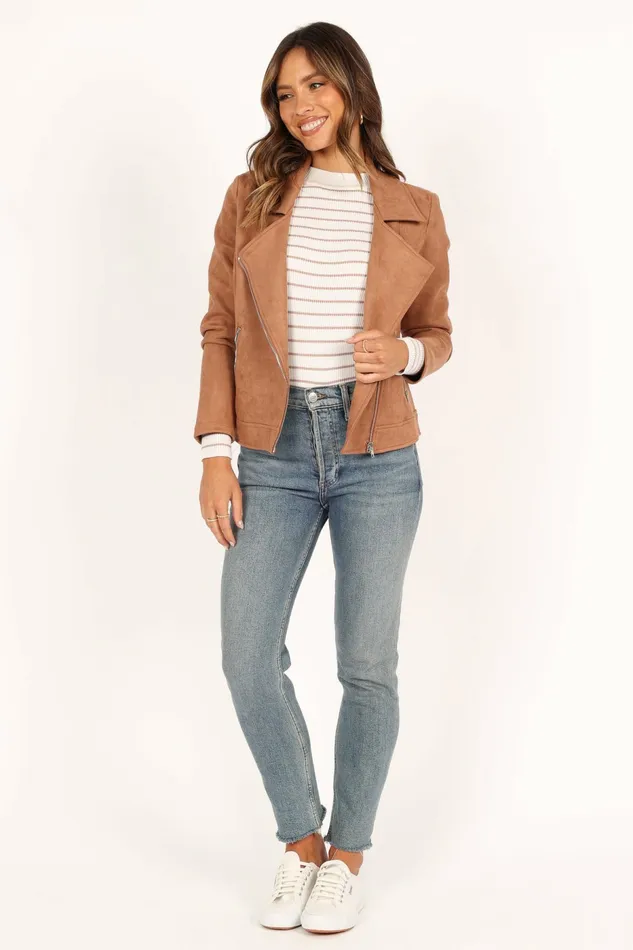 Jackets and Coats Petal and Pup Women Spencer Faux Suede Moto Jacket Tan