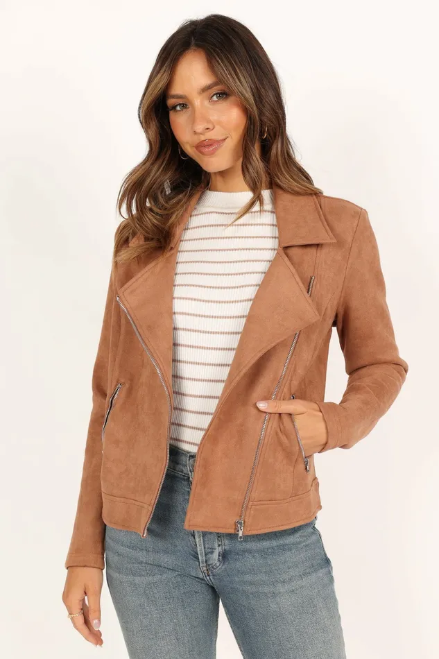 Jackets and Coats Petal and Pup Women Spencer Faux Suede Moto Jacket Tan