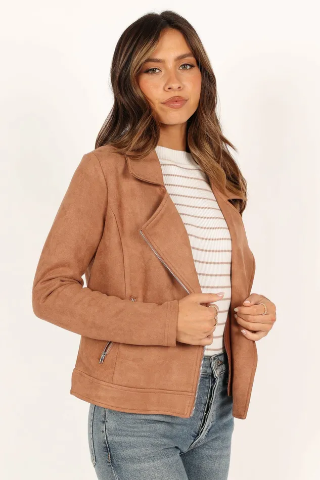Jackets and Coats Petal and Pup Women Spencer Faux Suede Moto Jacket Tan