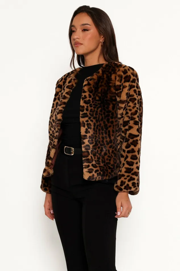Jackets and Coats Women Petal and Pup Cassia Faux Fur Leopard Crop Jacket Leopard
