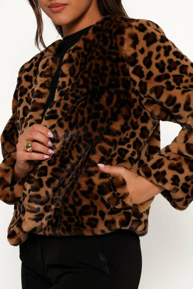 Jackets and Coats Women Petal and Pup Cassia Faux Fur Leopard Crop Jacket Leopard