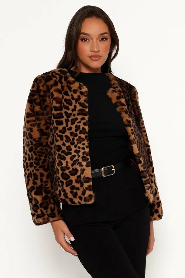 Jackets and Coats Women Petal and Pup Cassia Faux Fur Leopard Crop Jacket Leopard