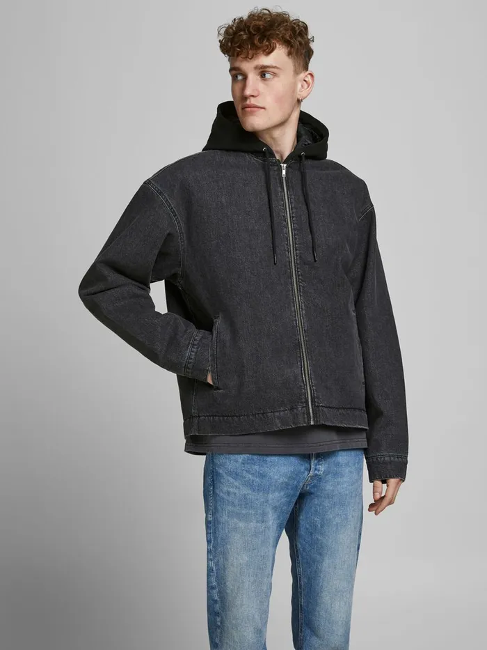 Jackets JACK and JONES Mens HOODED DENIM JACKET Black Black Denim
